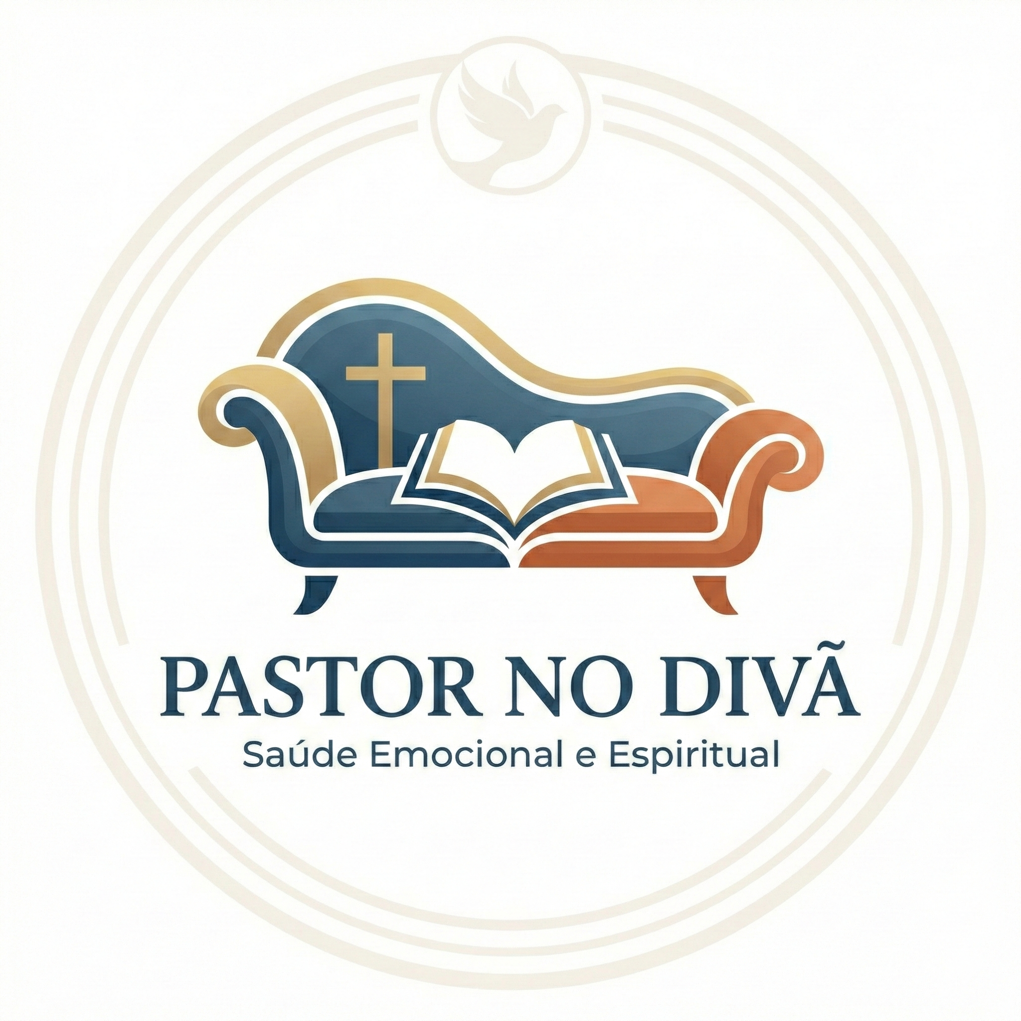 Logotipo oficial do projeto Pastor no Divã: ilustração de um sofá clássico estilizado com uma Bíblia aberta ao centro e uma cruz ao fundo, simbolizando acolhimento emocional e fé cristã.